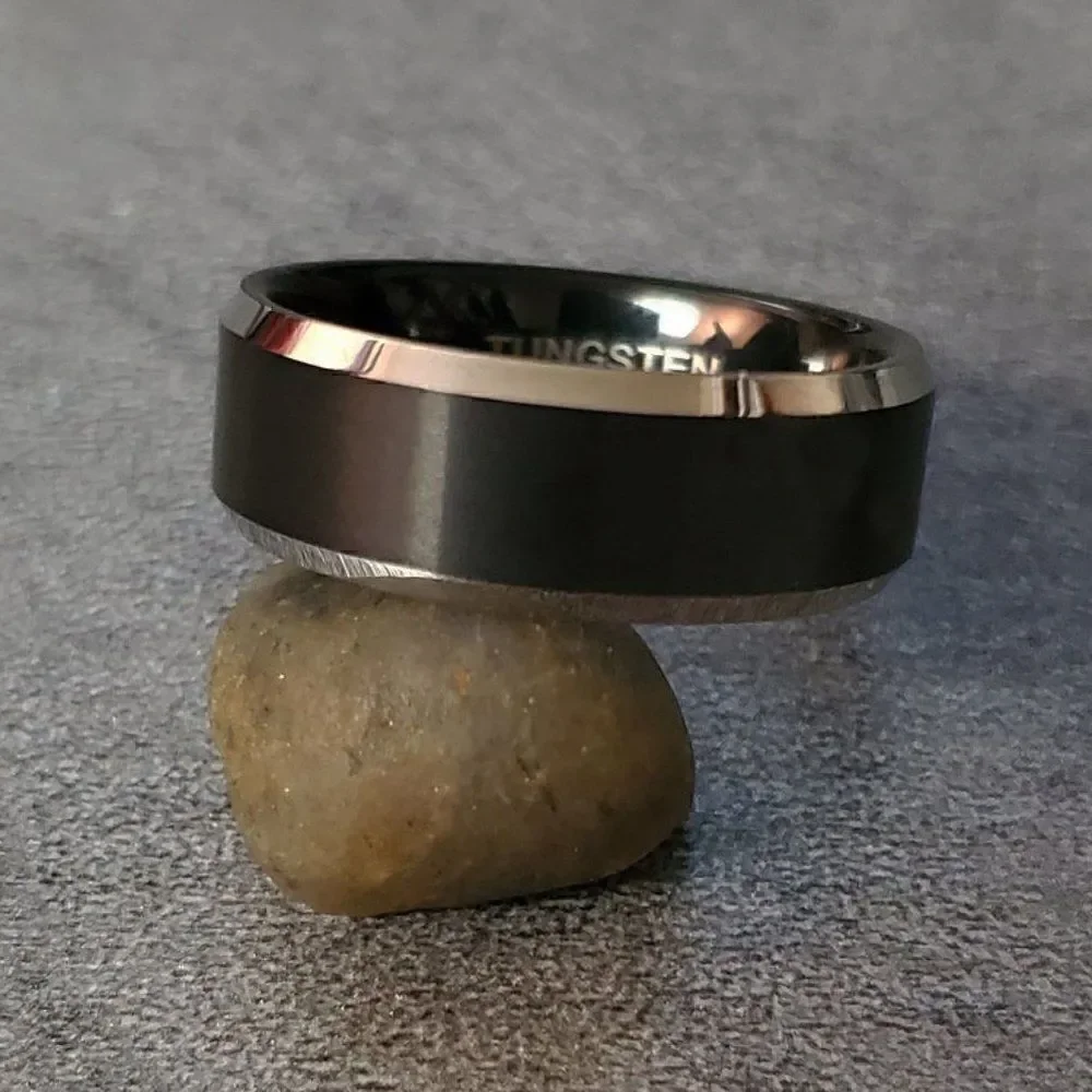 Personalized Men's Black and silver Tungsten Wedding Ring Band - Silver Edges